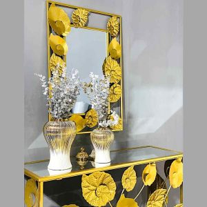 Golden Color Console Table, Mirror and Vases